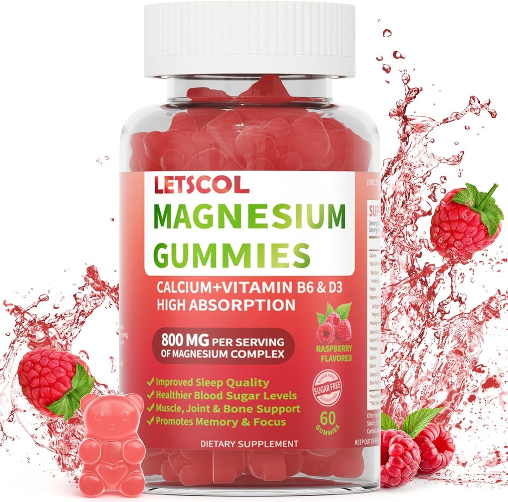 Magnesio Glycinate Gummies 800mg Per Serving, Zucchero Gratuito Magnesio Supplemento con Magnesio Malato, Calcio, Vitamina D3, B6, CoQ10 per il Supporto Calma & Sonno per Adulti Bambini