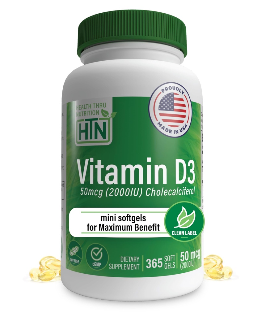 Health Thru Nutrition Vitamin D3 2000iu 365 Mini Softgels for Maximum Benefits | Year Supply | 50mcg Cholecalciferol | 3rd Party Tested | Non-GMO USP Grade in EVOO | Immune Health Support