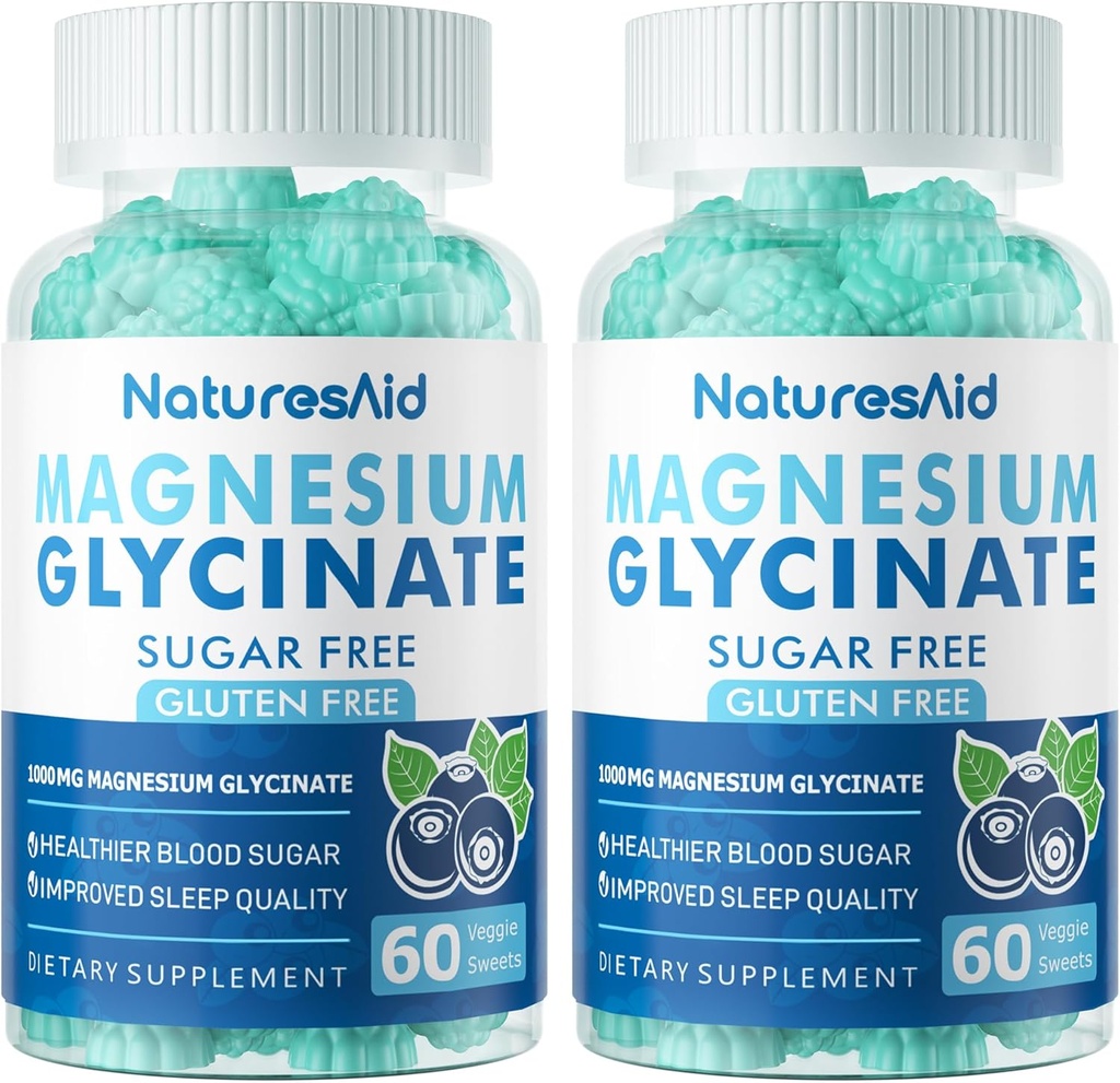 Magnesium Glycinate Gummies 1000mg - Sugar Free Magnesium Potassium Supplement with Vitamin D, B6, CoQ10 for Calm Mood & Sleep Support - 120 Blueberry Gummies -2 Pack