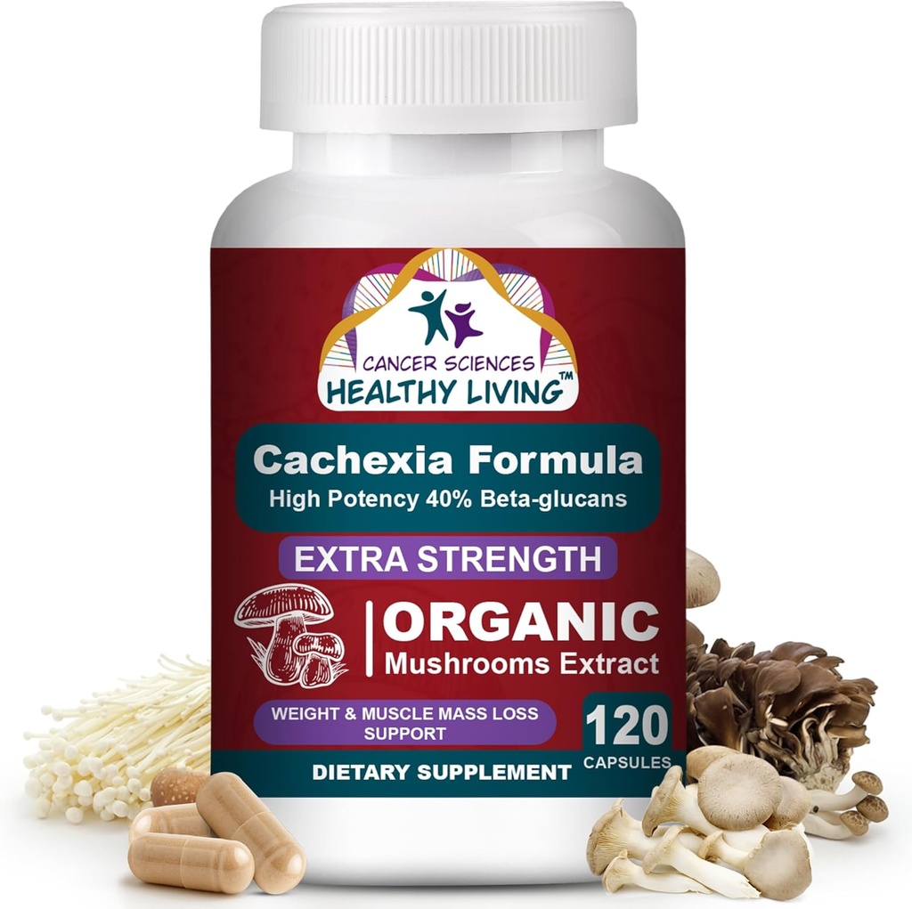 CANCER SCIENCES Cachexia Suplemen, USDA Certified Mushroom Organik Ekstrate Capsules, Extra Kekuatan 1.500 mg, Potensi Tinggi 40% Beta- Gablans, Imune & Metabolic Dukungan, Dukungan Woight & Muscle Mass