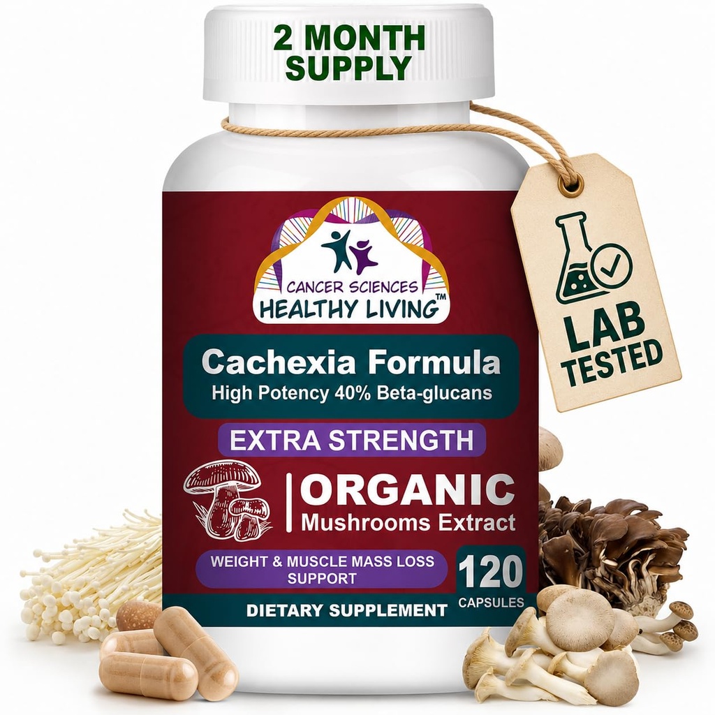 Cachexia Supplement, USDA Certified Organic Mushrooms Extract Capsules, Extra Strength 1,500 mg, High Potency 40% Beta-Glucans, Immune & Metabolic Support, Weight & Muscle Mass Support