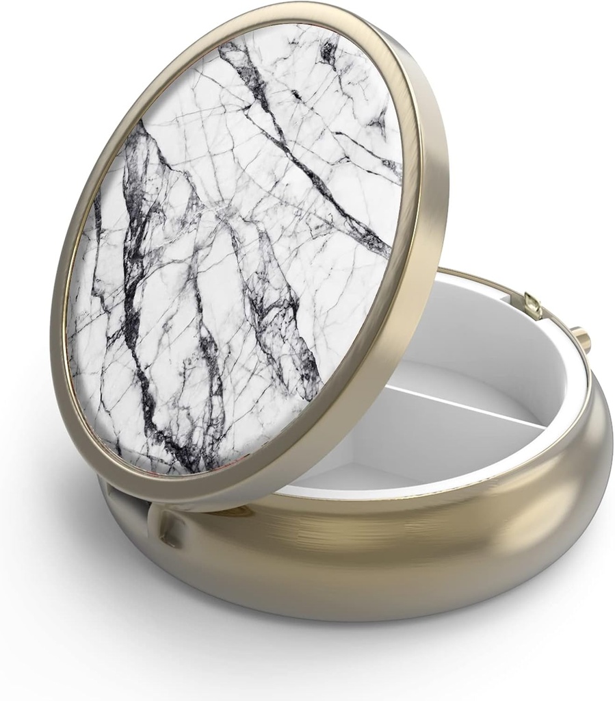 Caixa de pílulas caixa de pílulas com espelho Retro 3 Compartimento pequena caixa de pílulas para bolsa ou bolso bronze pequeno Rod caixa de pílulas ou vitaminas, óleo de peixe, suplementos, Pill Conteine presentes de viagem ( Mármore branco)