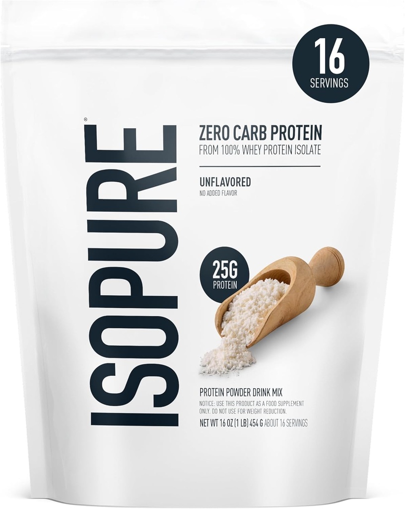 Isopure Zero Carb 100% Pure Whey Isolate Protein Powder, Лактоза Free, Gluten Free, with Vitamins, Unflavored, 25g Protein Per Serving, 1 Lb, 16 Servings (Packing May Vary)