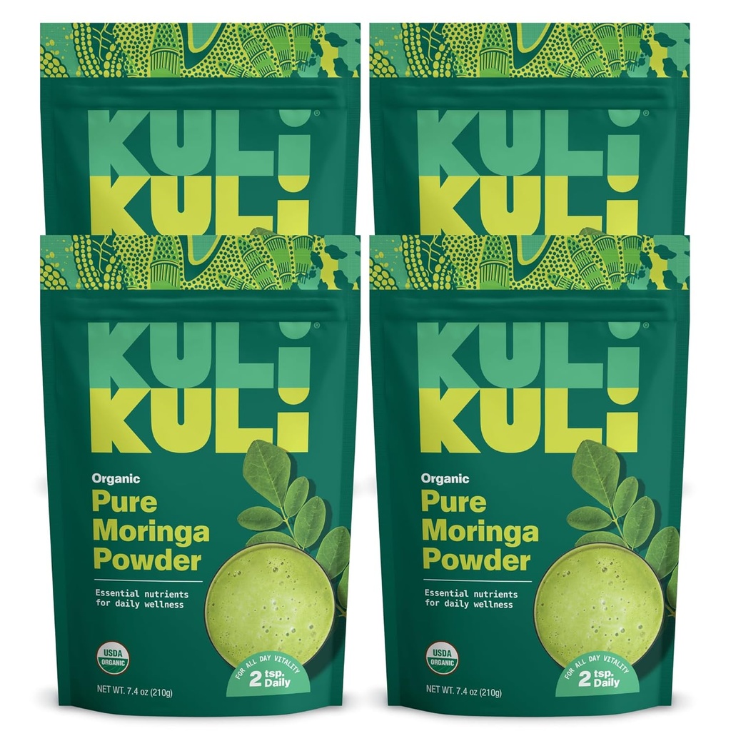 Kuli Kuli Moringa Oleifera Powder ecológico " Green Smoothie, 100% puro USDA Certified " Non-GMO Moringa Powder, Great with Smoothies, Tea, and Food, 4 Pack