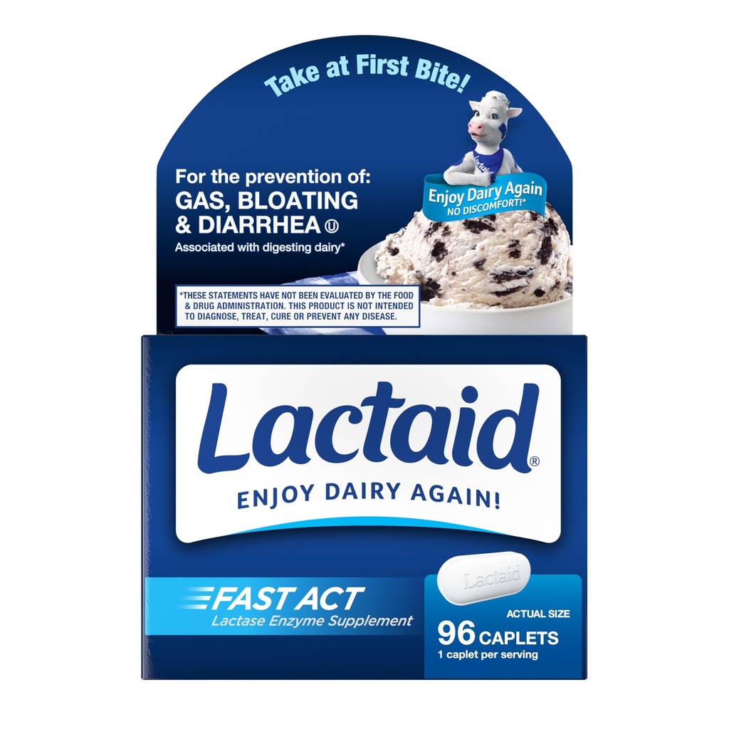 Lactaid Fast Act Lactose Intolerance Caplets with Lactase Enzyme, Dairy Relief from Gas, Bloating & Diarrhea, 9000 FCC Lactose Intolerance Pills, 96 Individual Travel On-The-Go Packs (96 x 1 ct)