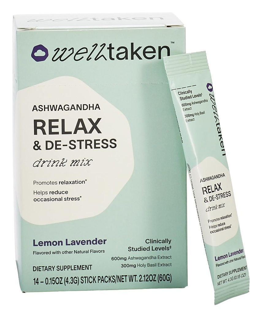 Ashwagandha Relax & De-Stress Powder - Lemon Lavender 14ct Box - 600mg Ashwagandha, 200mg L-Theanine, Holy Basil – Supports Stress, Relaxation – Vegan, No Added Sugar - 14 Servings