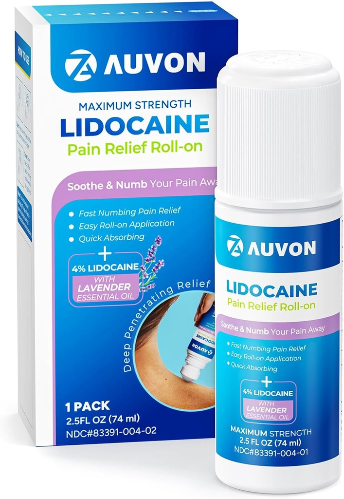 AUVON Lidocaine Roll-On med essensiell olje, Ingen mess applikasjon, Max styrke Lidocain,Quick Absorbing til Numb & Soothe smertelindring for kne, skulder, FSA / HSA kvalifisert, Lavender, 2,5 OZ, 1 pakke