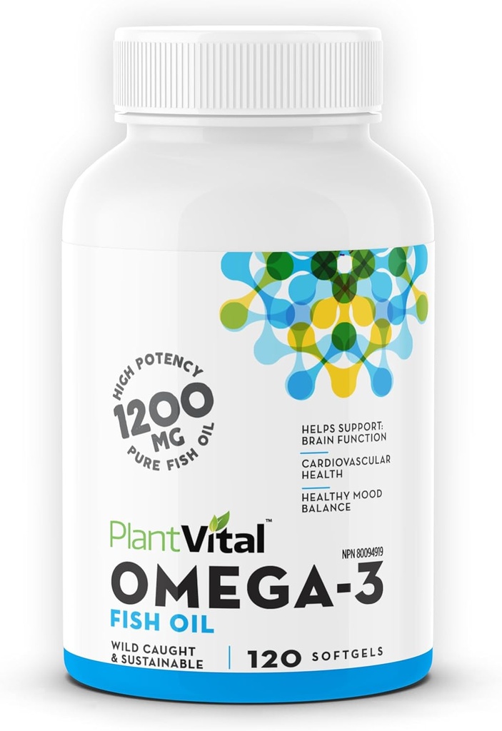 Plantvital Omega 3 Fish Oil Capsules - Pure Norwegian Omega 3 Supplement - Triple Strength - No Fish Flavor - Molecularly Distilled - Supports Cognitive, Joint, Eye, Hair and Heart Health - 120 Count