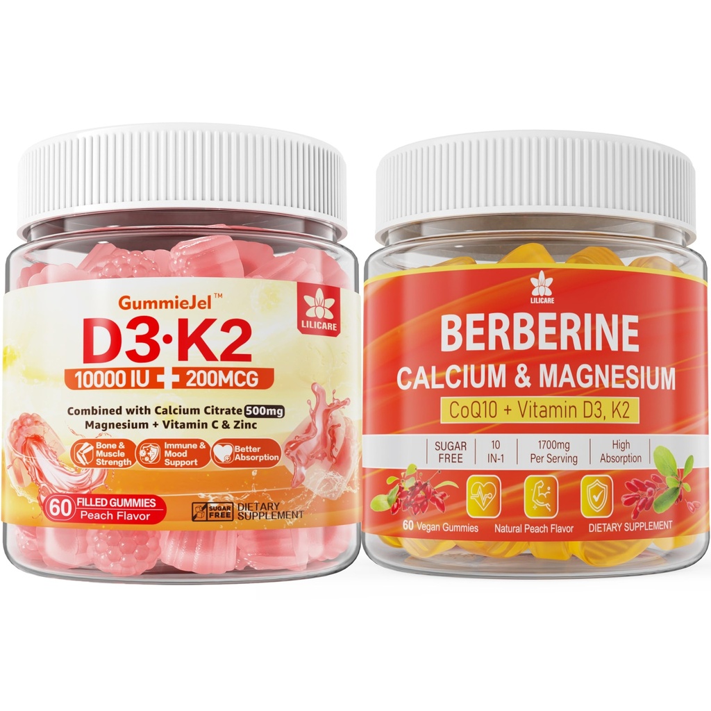 LILICARE Sugar-Free Vitamin D3 K2 Gummies with Calcium, Magnesium Citrate, Vitamin C + Berberine Supplement Gummies, with Liposomal Berberine & Berberine HCI, Calcium, Magnesium