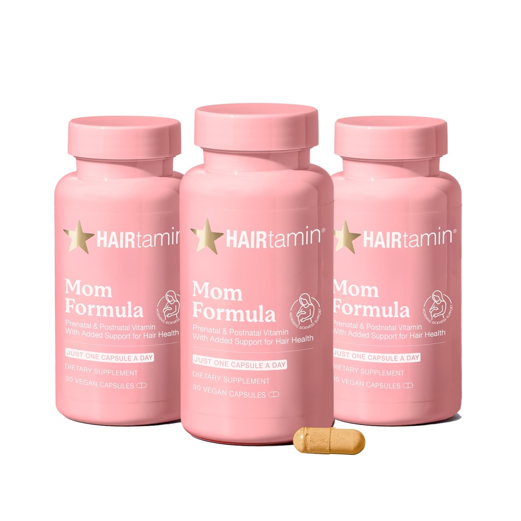 HAIRtamin MOM Vegan Prenatal & Postnatal Multivitamin Capsules & Hair Growth Vitamins, Postpartum, Breastfeeding, Hair Nails, and Skin Vitamins for Women with Biotin, Zinc, Iron (3-Pack), 90.0 Count