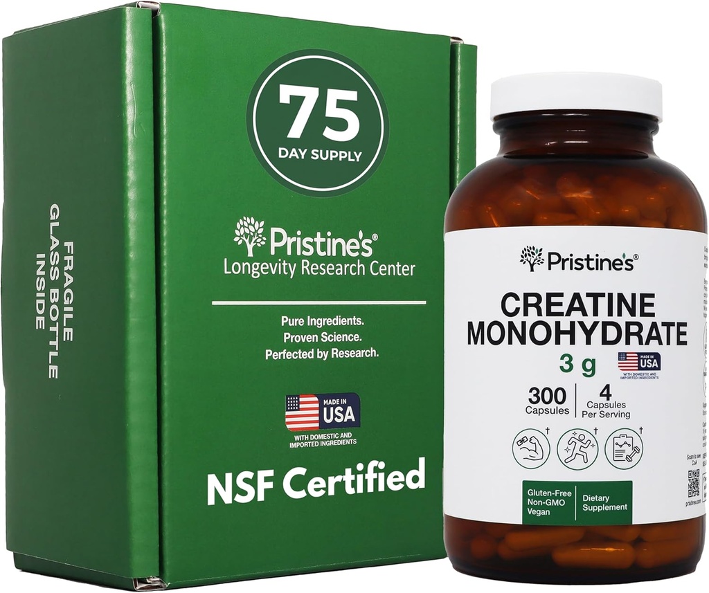 Capsulele de Creatin Monohidrat ale PRISTINE pentru femei și bărbați - NSF Certified 75 Day Supplement 3G Muscle Crowth Supplement - Suport de performanță cognitivă și atletică - Recuperare îmbunătățită