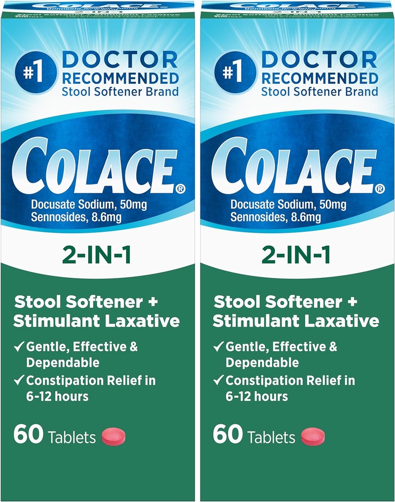 Colace 2-in- 1 Spool Softtener Plus Stimulant Laxative for Gentle Effective Constipation Relief, Docucate Sodium Plus Sennosides, 60 Count (Paket 2)