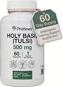 PRISTINE'S Holy Basil Capsules - 500 mg Gluten Free Immunity & Relaxation Support Adaptogen Supplement - 60 Day Supply - Tulsi Holy Basil Leaf Extract Capsules - Vegan - Non-GMO