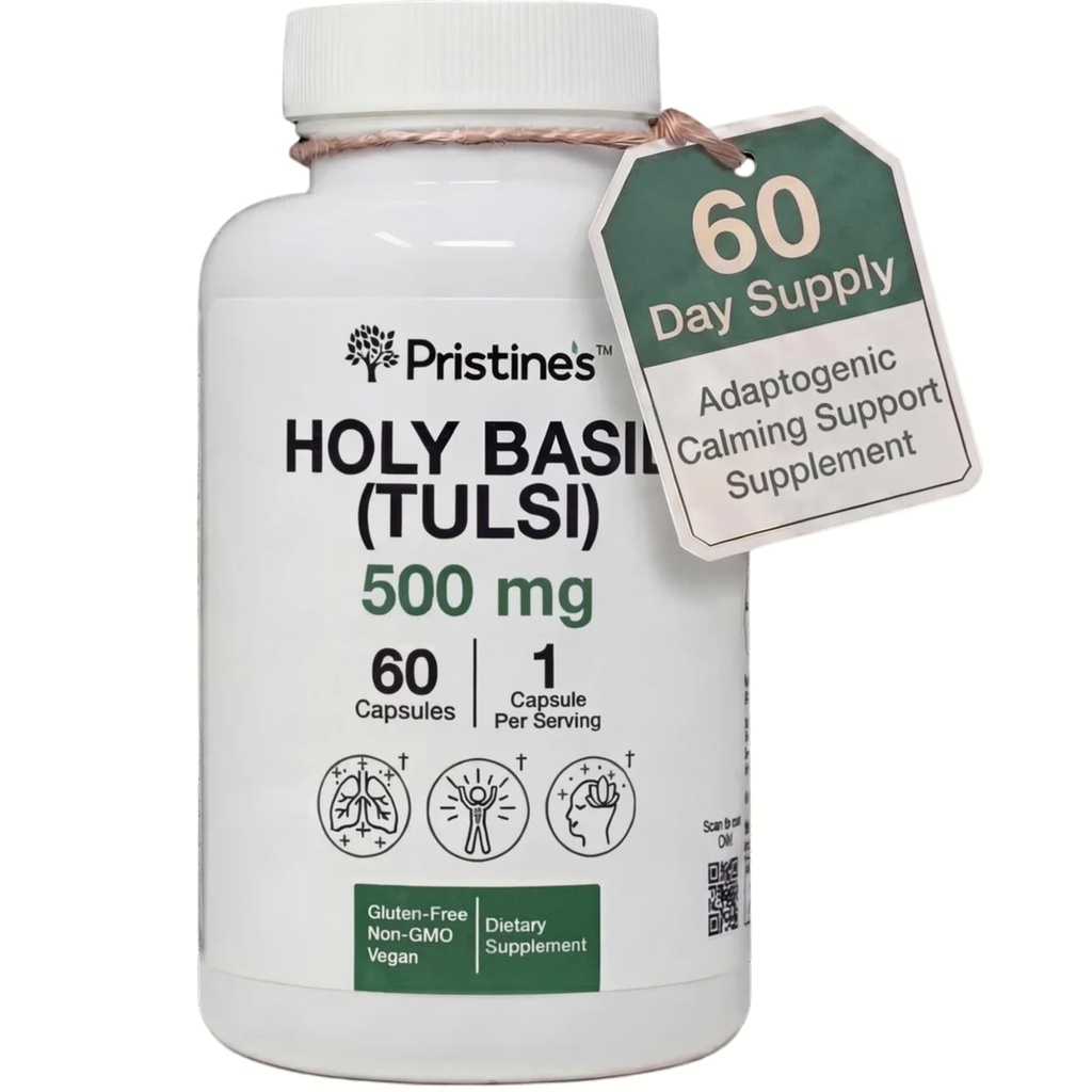 PRISTINE'S Holy Basil Tulsi 500mg Adaptogen Capsules, Vegan, 60 Day Supply | Calm and relaxation support in a simple Tulsi (holy basil) capsule routine. 60 day supply, vegan, non-GMO, gluten-free