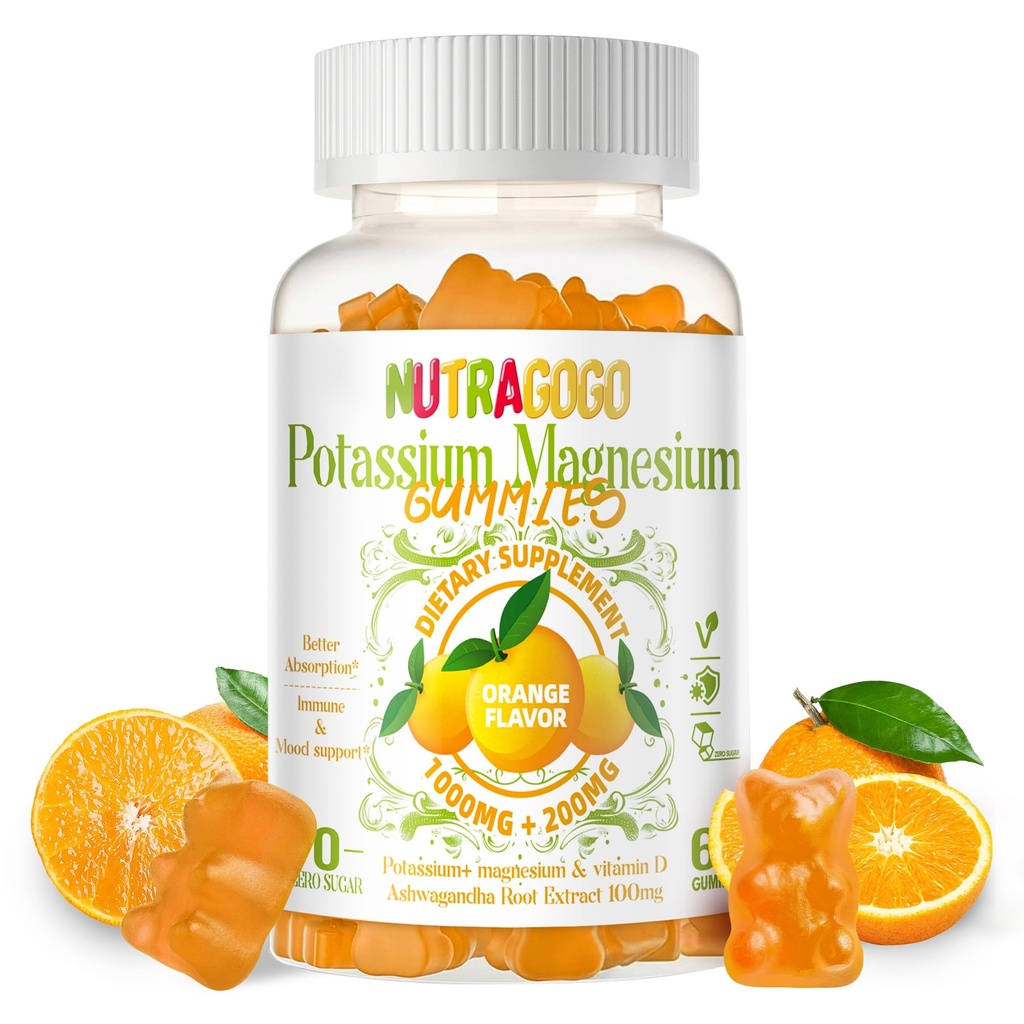 Potassium Magnesium Gummies,Potassium Supplement w/Ashwagandha,High Absorption Magnesium Glycinate,B6,D3,Potassium Citrate for Leg Cramps,Muscle,Electroyte for Adults Kids,Sugar-Free, 60 Gummies