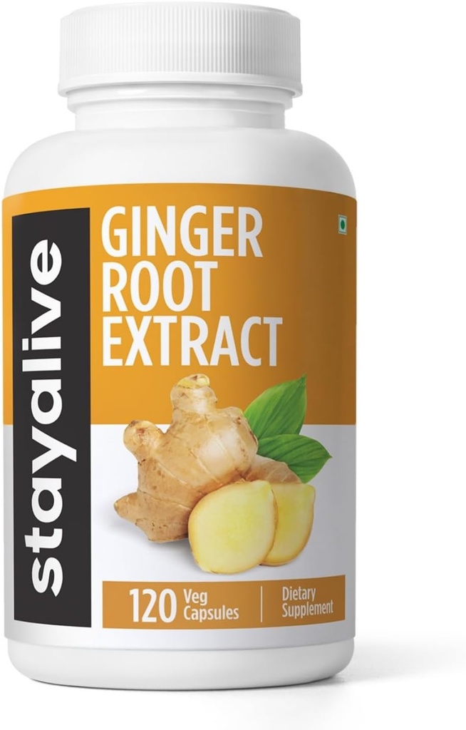 STAY ALIVE Pure Ginger Root Kapsulas 1000mg, 10:1 Extract Powder with 5% Gingerols, 120 tabletes, Extra Strength Root Powder, Vegan, Non-GMO un Gluten-Free Ginger Papildinājums