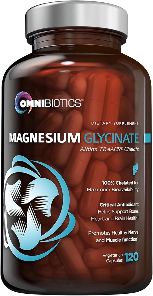 OmniBiotics Magnesium Glycinate Supplement - со 100% чистым альбионом TRAACS Bisglycinate Chelate for Sleep, Muscle, Nerve & Heart Health - 120 веганских капсул