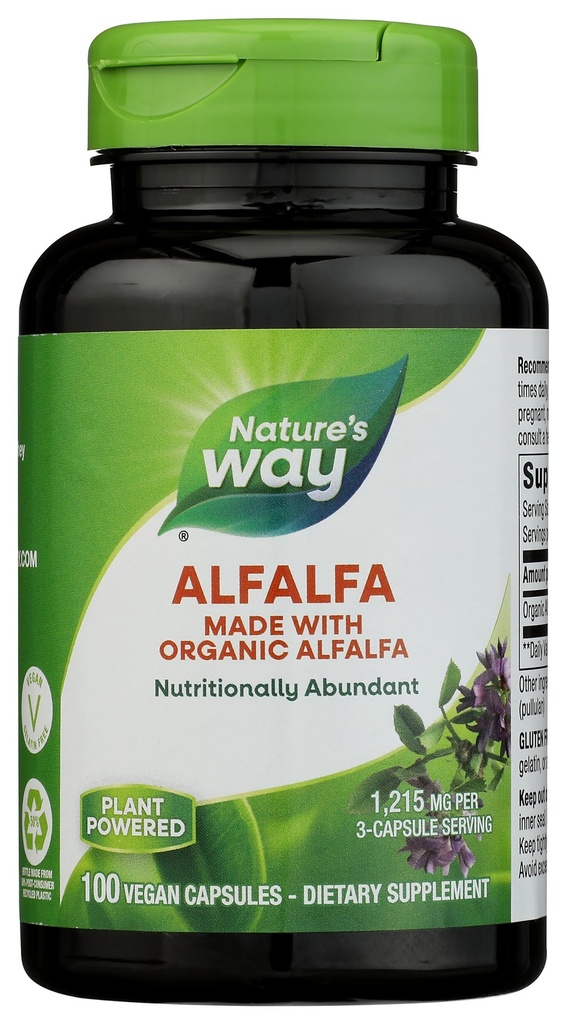 Nature's Way Alfalfa, Made with Organic Alfalfa, 1,215 mg per 3-Capsule Serving, Alfalfa Herbal Capsule, Gluten Free, Vegan, 100 Capsules (Packaging May Vary)