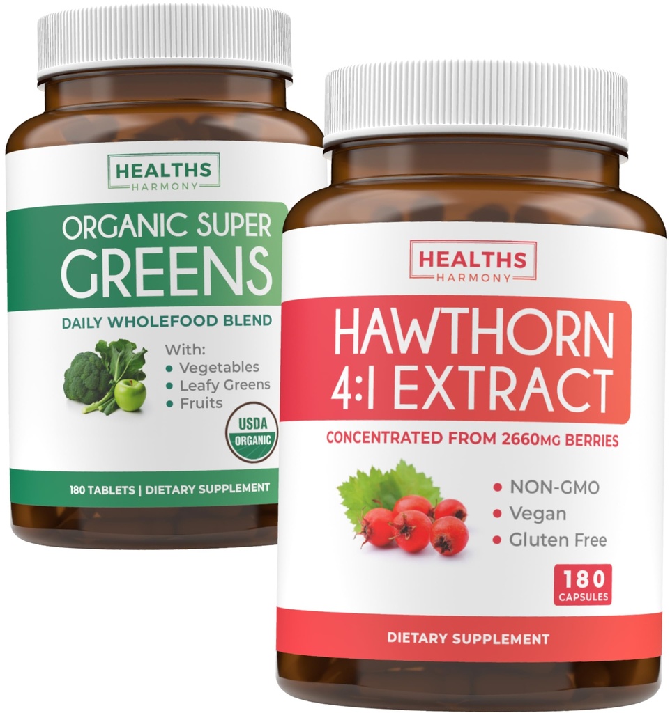 Super Greens & Hawthorn Extract (3-Month Supply) Super Berry Blend Bundle of Organic Super Greends Powder - Complete Superfood & Hawthorn Berry 4:1 Extract - High Strength Extract (180 Capsules)