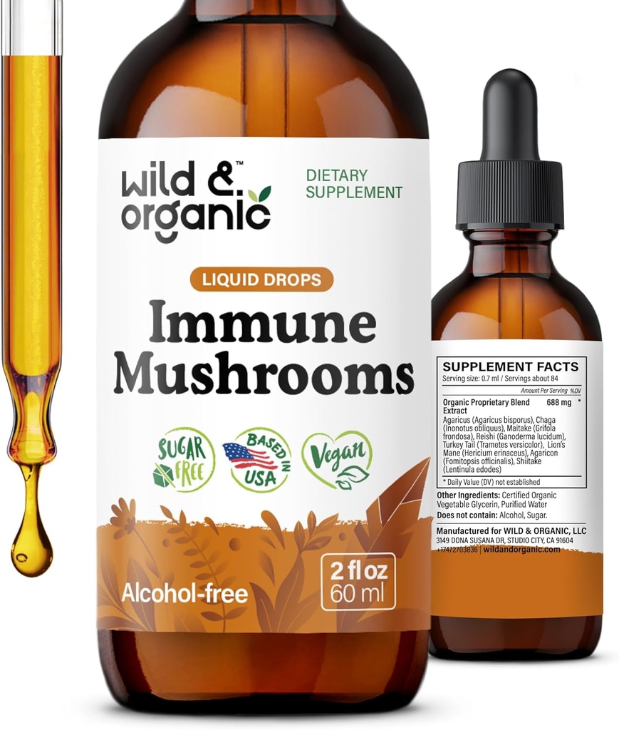 Wild & Organic Immune Mushrooms Tincture - Chaga, Turkey Tail, Lion's Mane, Reishi Extract와 8-in-1 Mushroom Complex - Immune Support Drops - Vegan, Sugar & Alcohol-Free Liquid Supplement - 2 fl oz