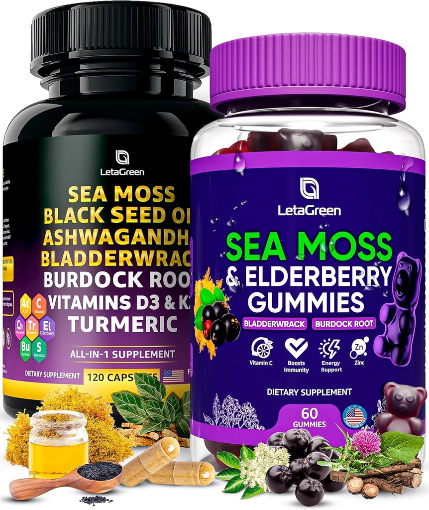 Sea Moss Capsules + Gumies Bundle, 60 Irish Sea Moss Gumies + 120 Ocean Wild SeaMoss Kapsulas ar vitamīniem un minerālvielām