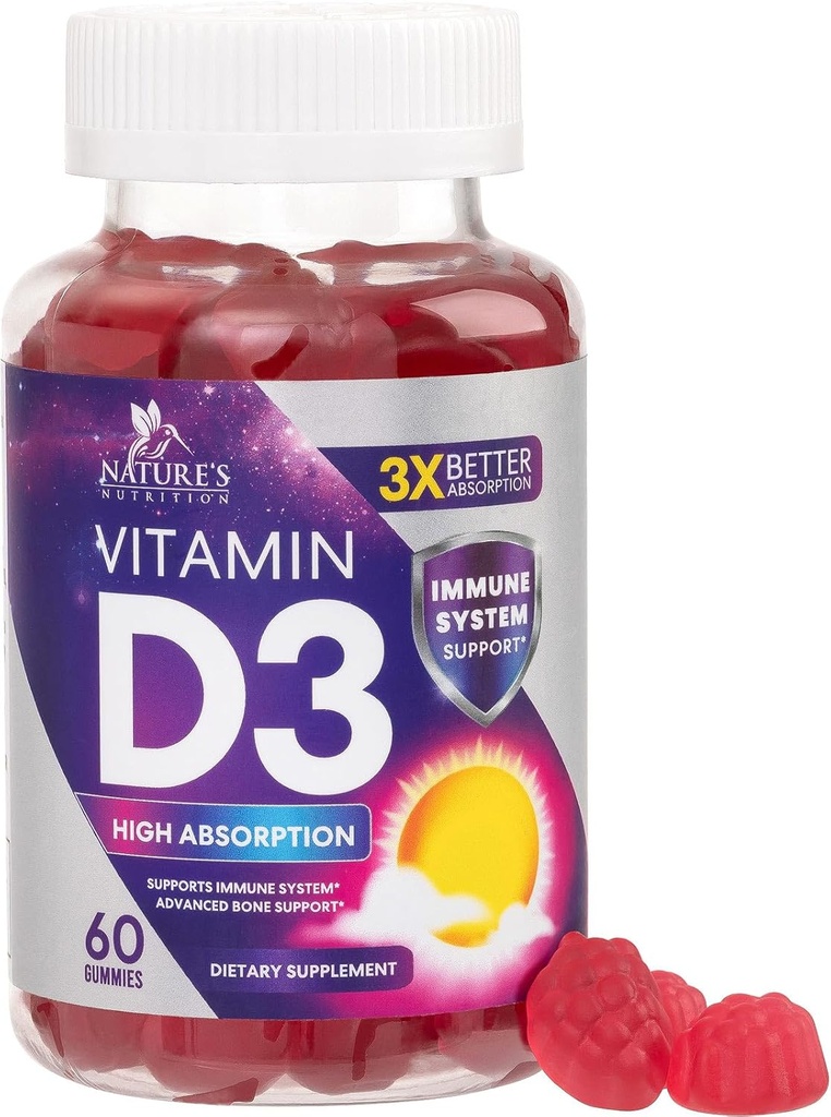 Vitamina D3 Gummy 5000 IU (125 mcg) - Suplemento de vitaminas dietéticas D para mulleres e homes - ósos, dentes, apoio á saúde muscular e inmune, High Potency VIT D3 Nature Non-GMO & Gluten Free - 60 Gummies