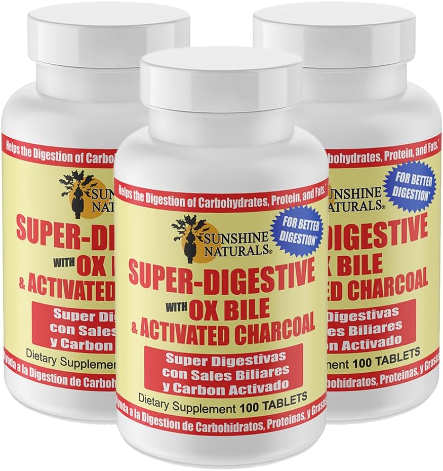 Sunshine Naturals Super Tráviace doplnok. Ox Bile & Activated Charcoal for Digestive Support, Bloating Relief, Gut Cleanse, Nutrient Absorbtion, and Celková Wellness. 100 tabliet. Balenie po 3