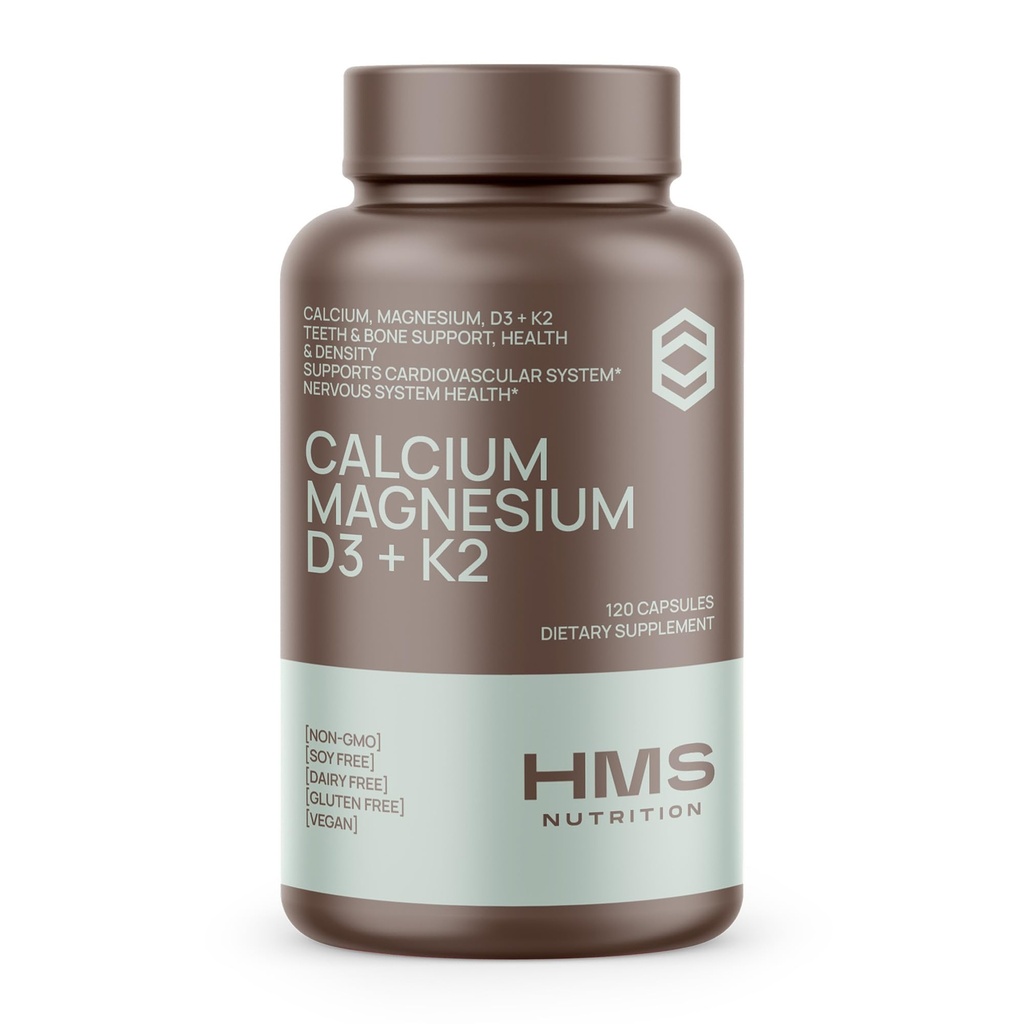 HMS Nutrition Calcium, Magnesium, Vitamins D3 + K2 for Bone Health, Immune Support, Bones & Teeth Calcium Supplement for Women & Men, Non-GMO, Gluten-Free, 120 Capsules