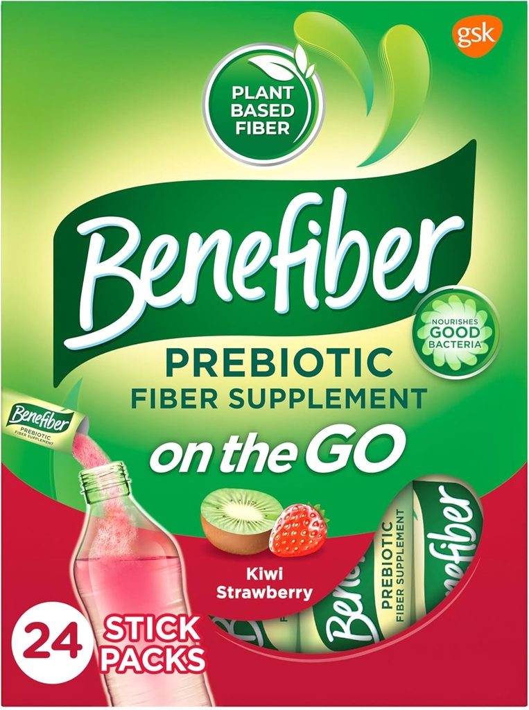 Benefiber On the Go Prebiotic Fiber Supplement Powder for Dgestive Health, Daily Fiber Powder, Kiivit Strawberry Flavor Powder Stick Packs - 24 Sticks (5.28 Ounces)