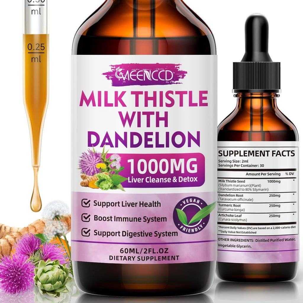 Milk Thistle Liquid Drops - Máj tisztítás Detox & Javítás - 1000mg Tej Thistle Supplement for Life Support, Silymarin Máj-kiegészítés a máj-egészség, Vegan, Non-GMO, 2 Fl Oz
