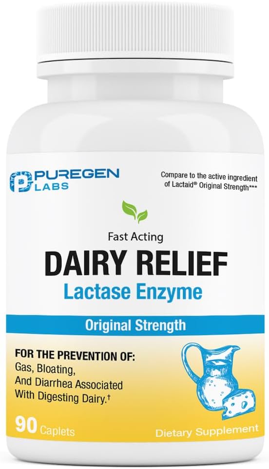 Puregen Labs Dairy Relief Natural Fast Acting Lactase Enzyme 3000 FCC, Laktoza Nietolerancja Pigułki 90 Kapsułki