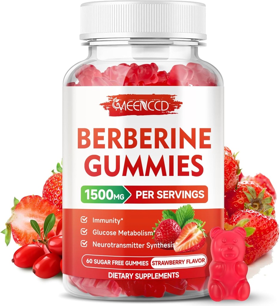Berberine Gummies with Ceylon Canel 1500mg High Potency Berberine HCL Addition for Имунна поддръжка, Sugar Free, Vegarian, Ягодов аромат, 60 Count