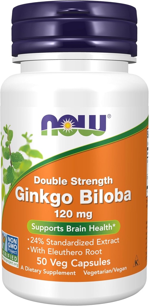 Now Foods Supplements, Ginkgo Biloba 120 mg, Double Strength, Non- GMO Project Verified, 50 Veg Kapsler