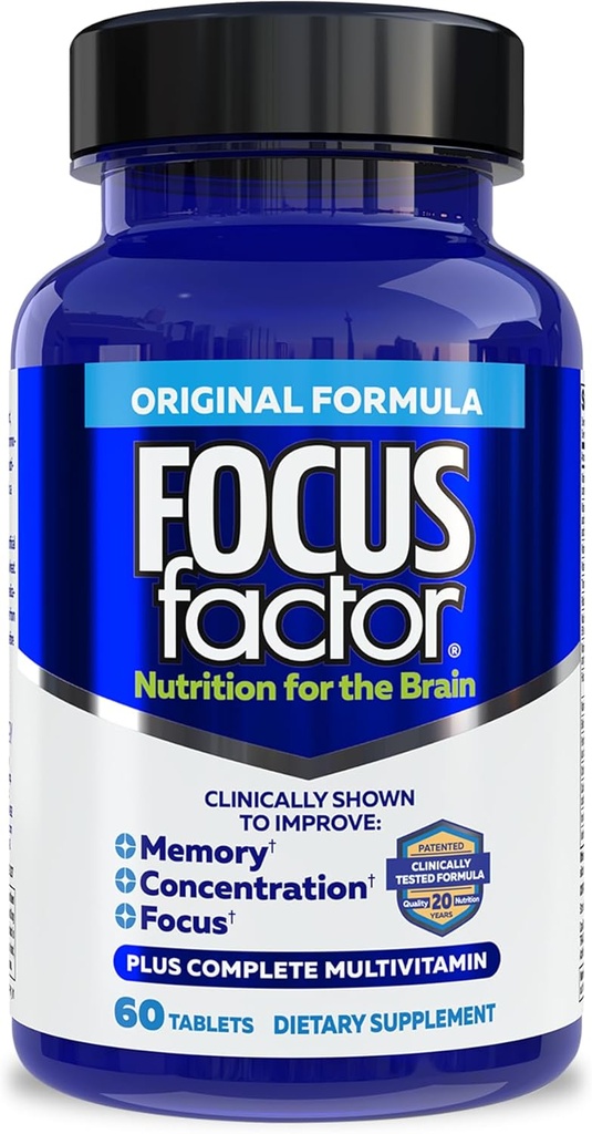 Focus Factor Nutritie pentru creier, Imbunatatirea memoriei si a concentratiei creierului Supliment, Multivitamine complete cu vitamine B6, B12, D, Bacopa Monnieri & Tyrosine, 60 Conte