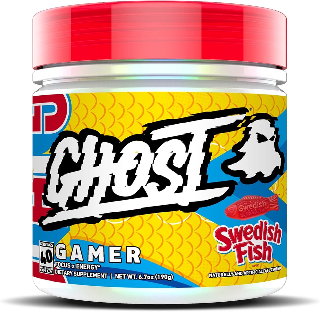 GHOST Gamer: Formule de support énergie et focus - 40 portions, poisson suédois - Nootropics & Caféine naturelle pour l'attention, l'exactitude et le temps de réaction - végétalien, sans gluten