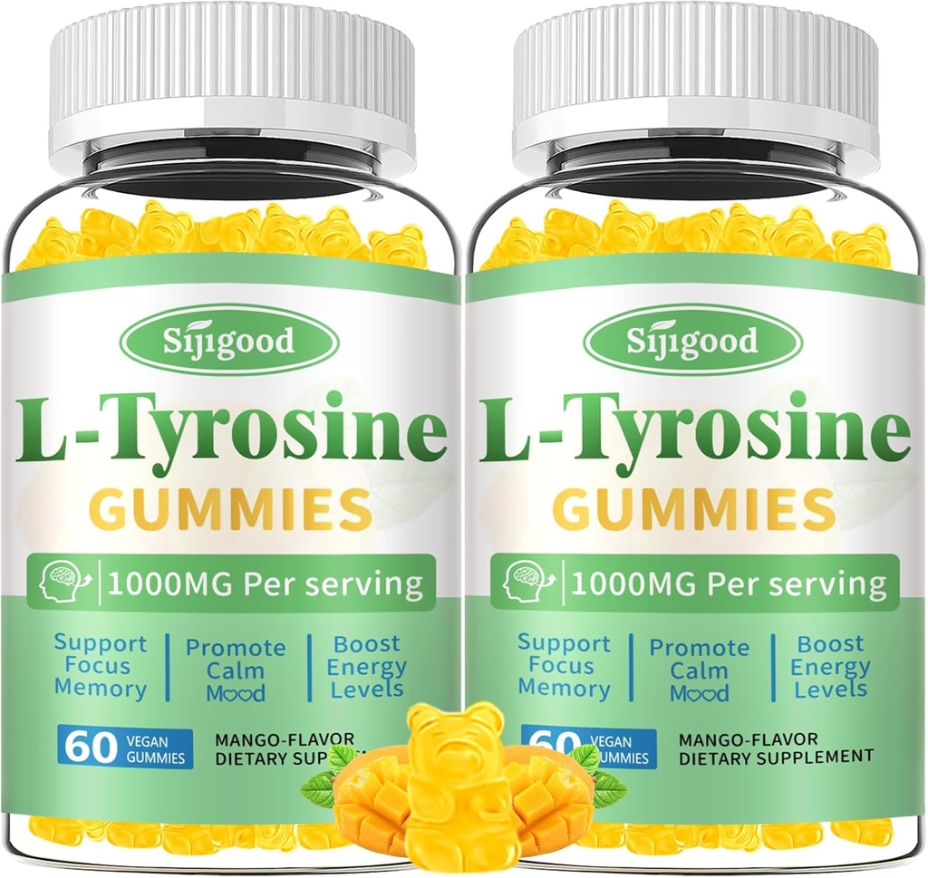 L-Tyrosine Gummy pre dospelých a deti - 1000mg L-Tyrosine Supplement Focus Gummies for Brain, Mood, Energy Support, Vegan & Gluten-Free, Mango Flavor, 120 Count