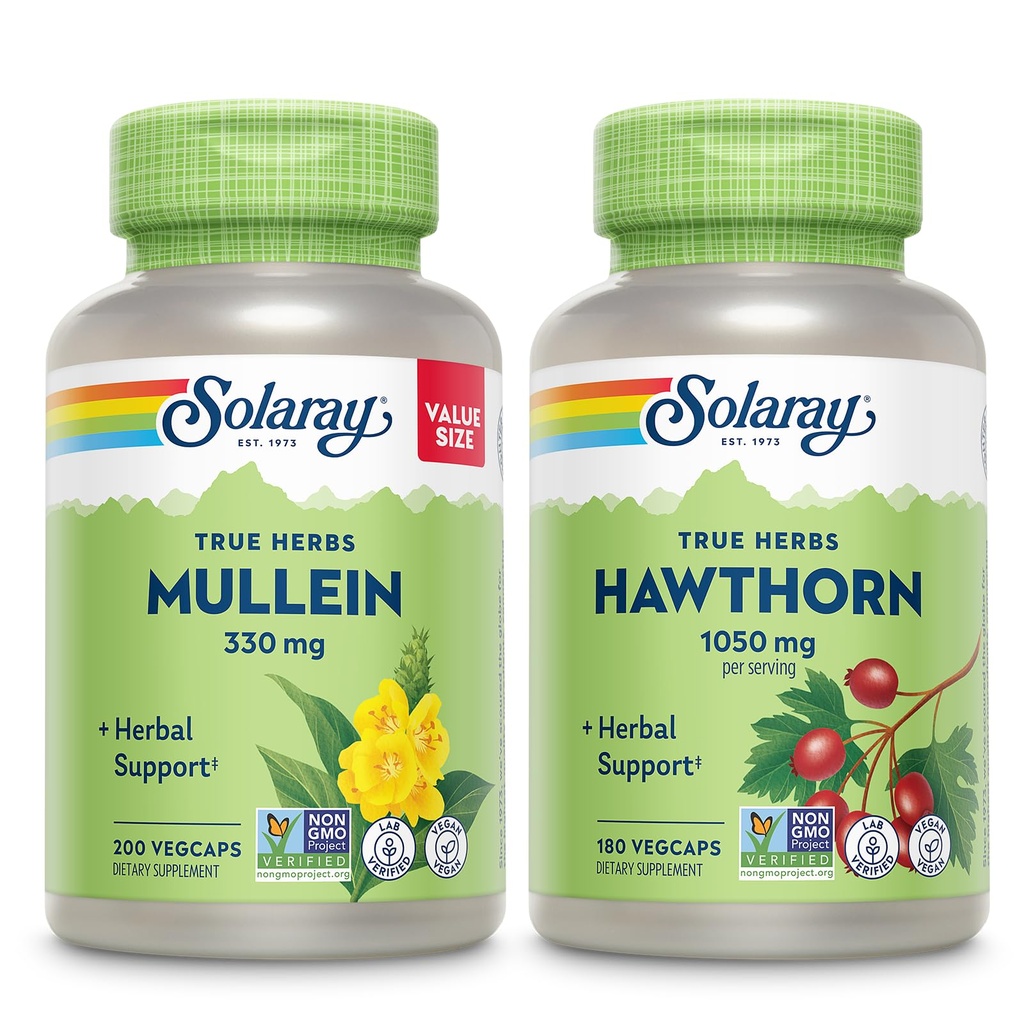 SOLARAY Mullein Leaf 330 mg and Hawthorn Berry Capsules 1050 mg - Soothing Herbal Support Bundle for Overall Health and Wellness - Vegan, Non-GMO, 60-Day Guarantee, Lab Verified, 200/180 VegCaps