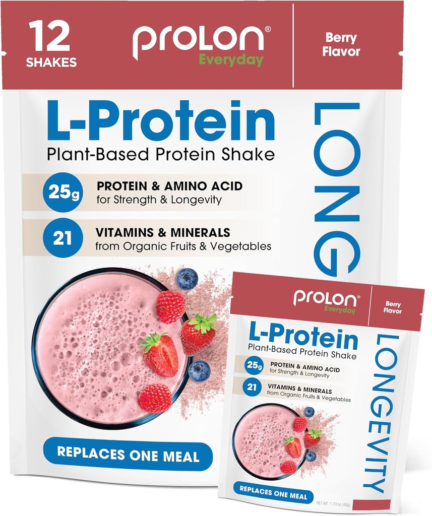 Prolon Longevity Plant Based חלבון אבקה | שריר ותיקון, הזדקנות בריאה, ביצועים Boost | ויטמינים, Gluten Free, Amino Acids, Antioxidants | 25g של חלבון | ברי, 12 Packets