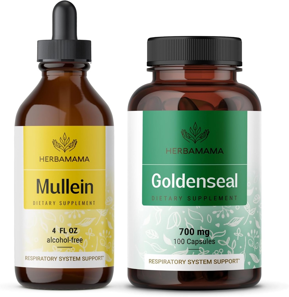 HERBAMAMA Mullein lapų ekstraktas ir Goldenseal Capsules Kit - Mullein Leaf Tincture 4 fl oz ir 700 mg Goldenseal root Capsules - Vegan, Non- GMO, Sugar & Alkoholio - Free - 2 Pack
