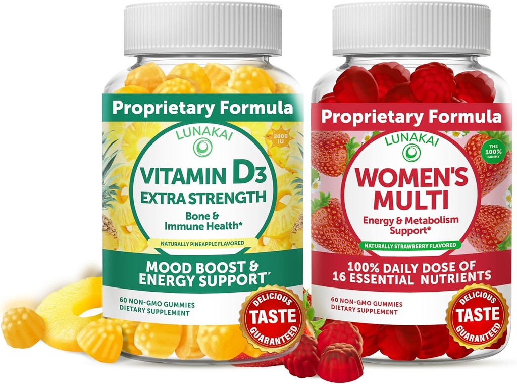 Lunakai Vitamin D3 Gummies og kvinders Multivitamin Gummies Bundle - Immunitet, Knogle og Mood Support - 100% daglig værdi af 16 essentielle Vitamin og mineral Sund Gummy - 30 dages forsyning