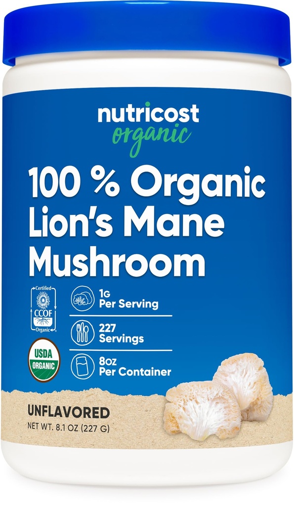 Nutricost Organic Lion's Mane Mushroom Powder (8 oz) - 227 Servings, Certified USDA Organic Supplement