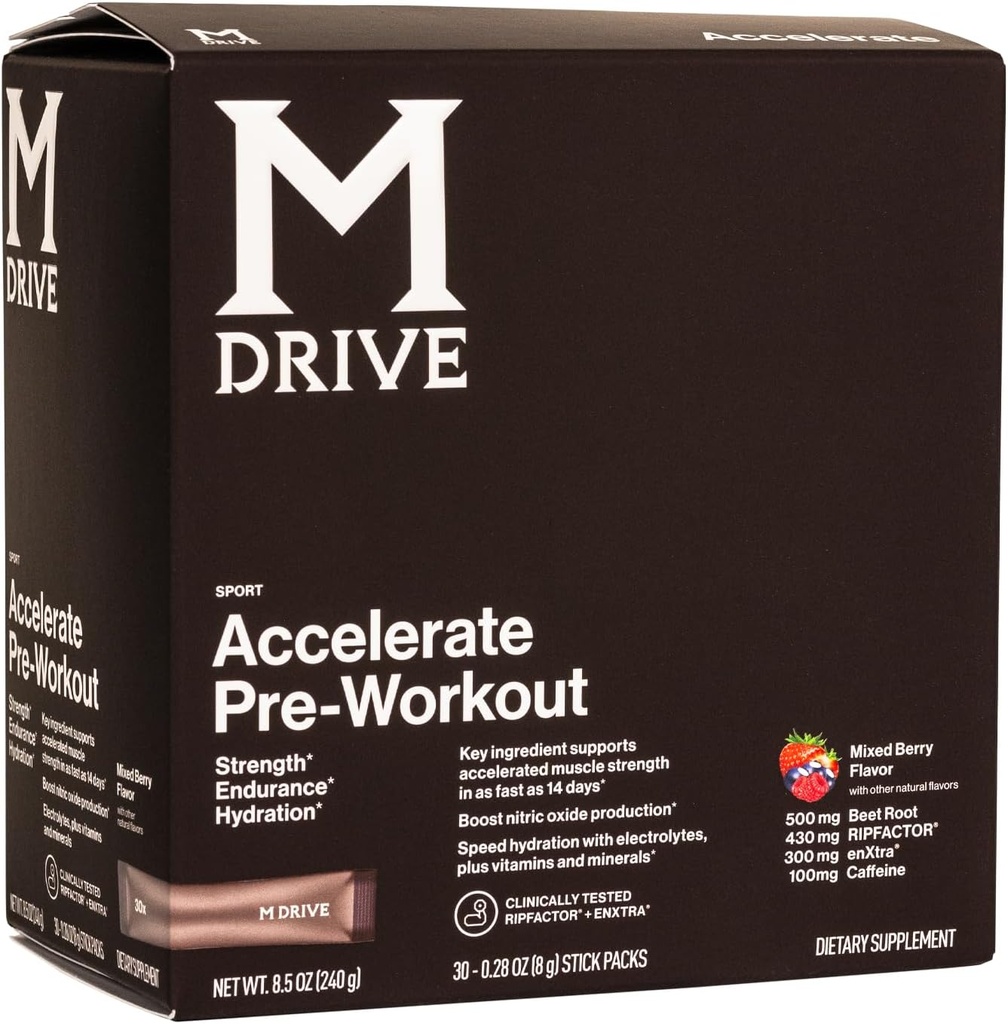Mdrive Accelerate Pre- Workout Powder, Paket Serving Tunggal, Campuran Berry, 30 Count (Stimulant, Mixed Berry)