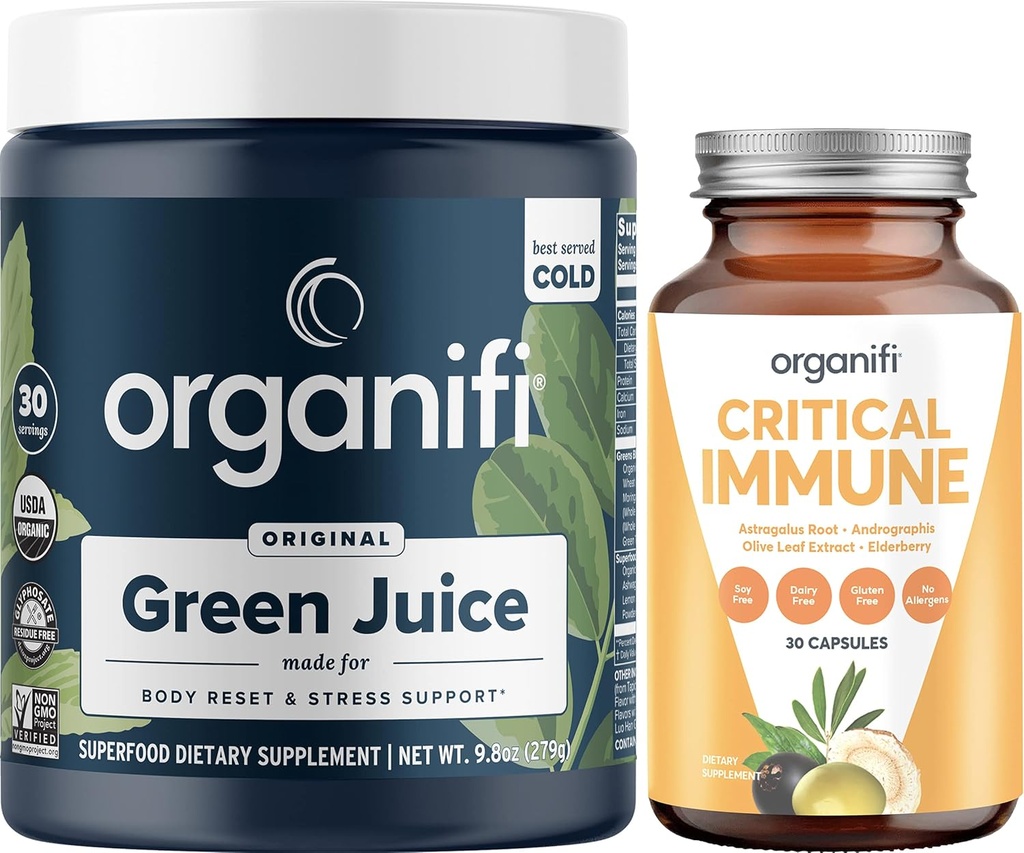 Organifi Green Juice Superfood milteliai (30 serverių) ir kritinės imuninės sistemos (30 kapsulių) - Vitaminas C, Svorio kontrolė, Detox Cleanse, Stress Relief ir Imunitetas - Gluten Free, Vegan, Visas maistas
