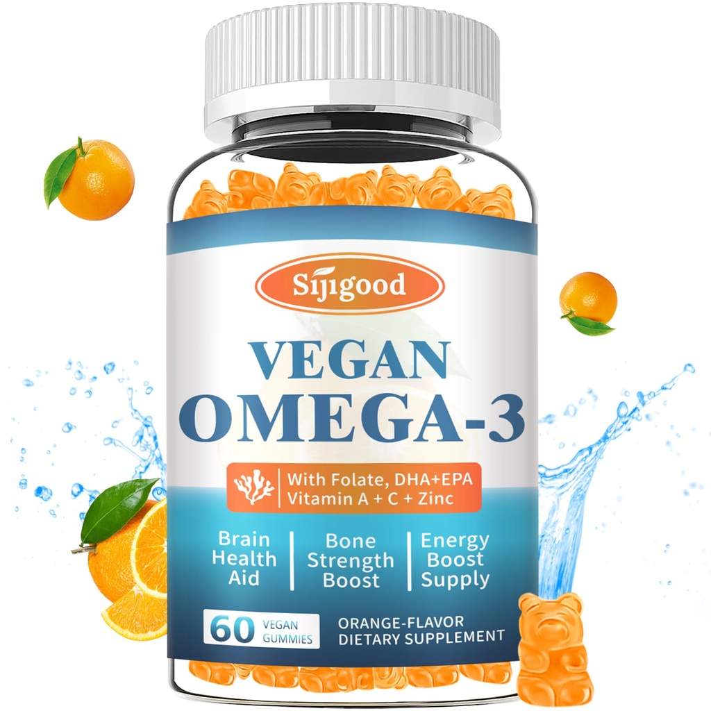 Omega-3 Gummies Potent Algae Omega Source, Boost Brain, Eye & Immune Function, with DHA and EPA Vegan & Sugar Free, Orange Flavor, 60 Count