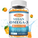 Omega-3 Gummies Potent Algae Omega Source, Boost Brain, Eye & Immune Function, with DHA and EPA Vegan & Sugar Free, Orange Flavor, 60 Count