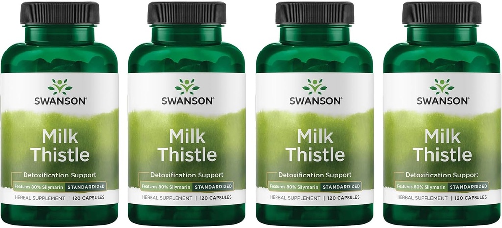 Swanson Milk Thistle (Standardized) - Herbal Liver Support Supplemento w/80% Silymarin - Formula naturale che aiuta a mantenere la salute generale &amp; benessere - (120 capsule) (4 Pack)