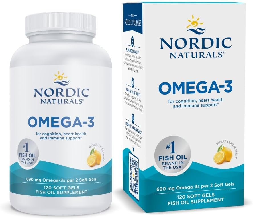 Naturals nórdico Omega-3, sabor limão - 120 géis macios - 690 mg Omega-3 - óleo de peixe - EPA & DHA - suporte imunológico, saúde do cérebro e coração, bem-estar ideal - Não-GMO - 60 Servings