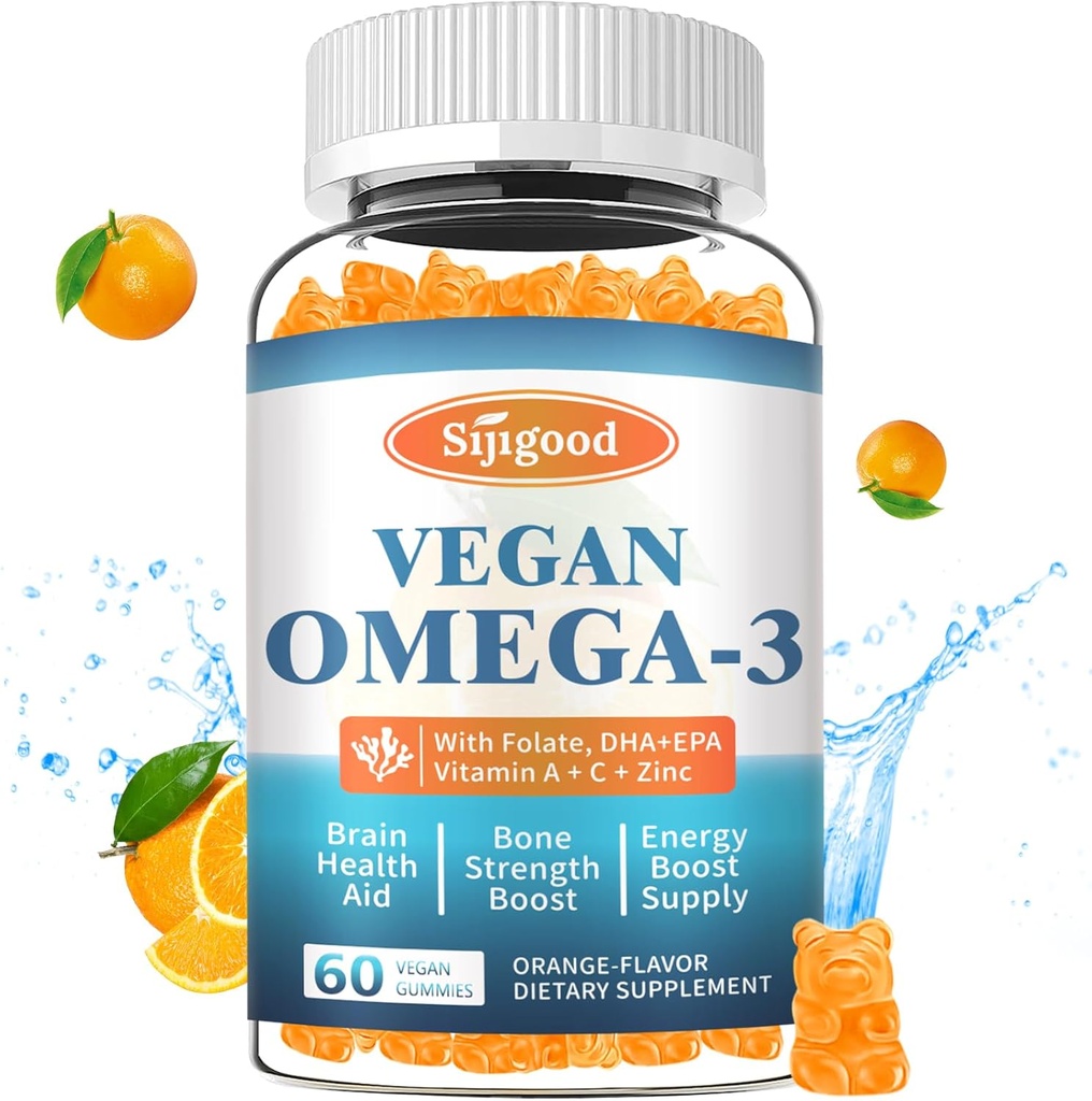 Omega-3 グミー ポテト アルゲー オメガ ソース, ブースト 脳, 目 & 免疫機能, DHA と EPA ビーガン & 砂糖無料, オレンジ味, 60
