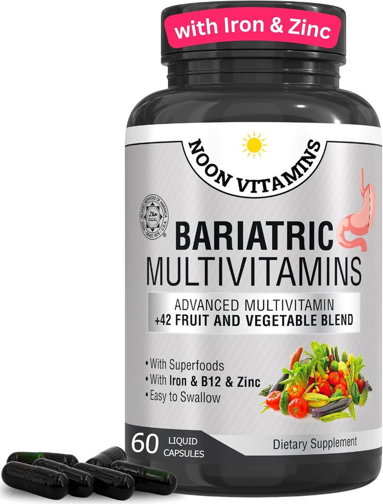 Bariatric Multivitamin עם Iron for Women & Men - All-in-One 42 Superfood Band for Energy & Immune Support - Post-Surgery Recovery, Easy-to-Swallow, Halal, Made in USA (60 קפסולות נוזליות)
