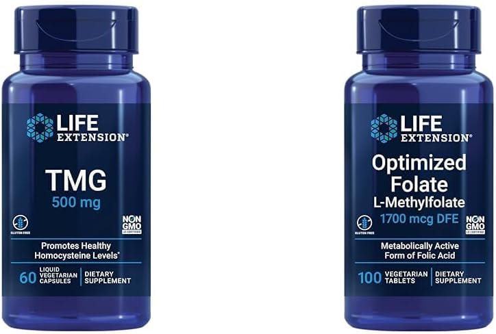Life Extension TMG 500 mg – Trimetilglicin dopolnilo – spodbuja zdrave Homocistein ravni – Gluten-free – Non-GMO – Vegetarian – 60 tekoče vegetarijanske kapsule & Optimiziran Folat